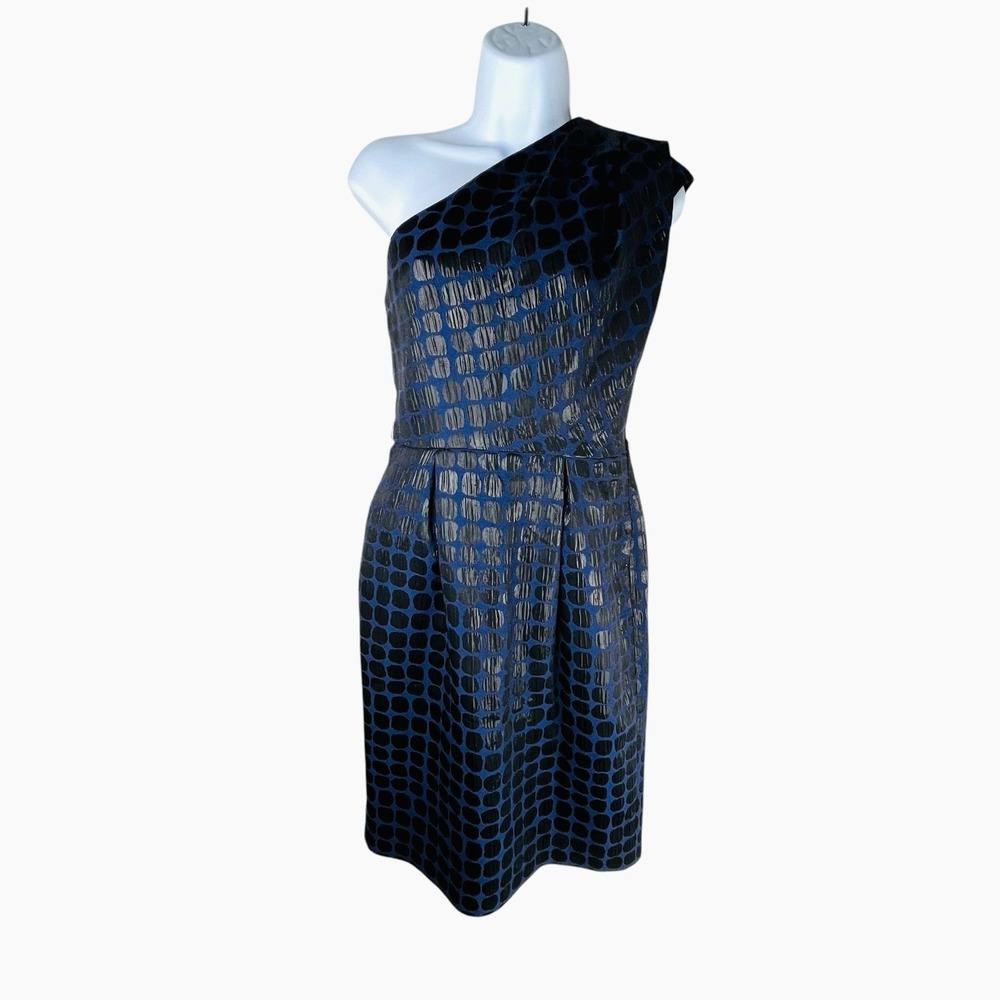 Maggy London‎ Blue One Shoulder Sheath Dress Sz 4 Blue Black Polka Dots Cocktail